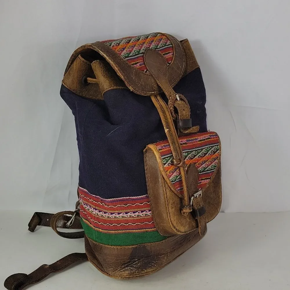 Vintage BHL Leather Ethnic Aztec Woven Wool Backpack